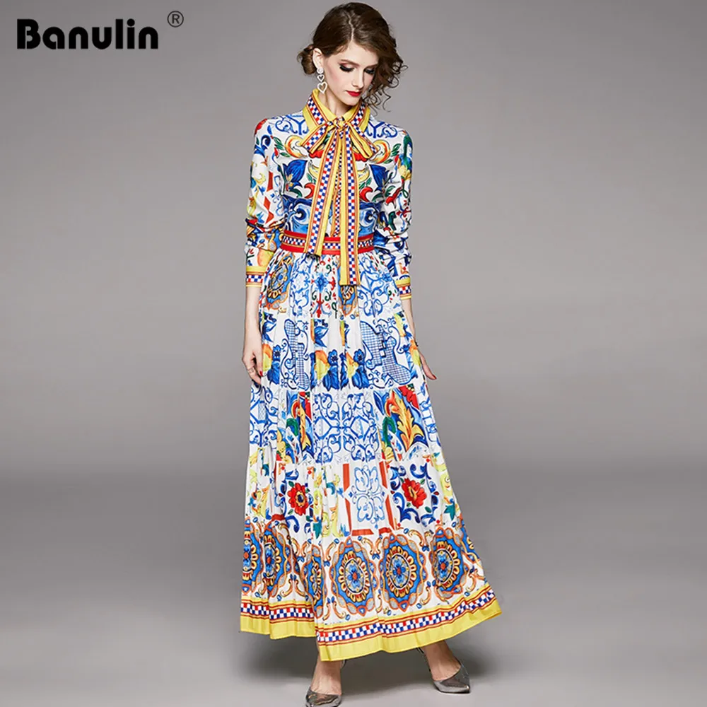 

Banulin Fashion Runway Maxi Dresses 2020 Spring Women's Long Sleeve Blue and White Porcelain Floral Print Holiday Long Dress