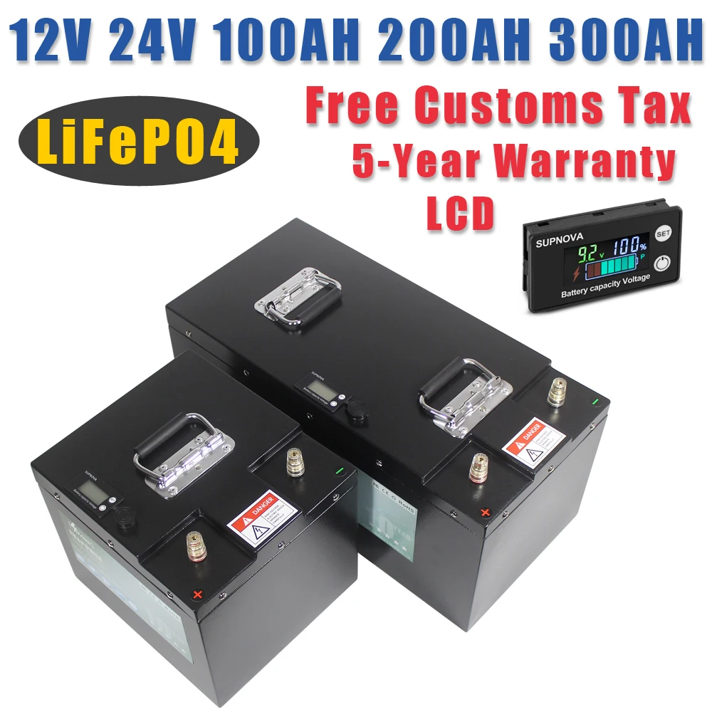 12V 24V 100AH 200AH 300AH LiFePo4 battery pack built-in BMS with charger lithium iron phosphate RV solar storage energy battery lithium battery pack