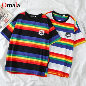 

Harajuku rainbow loose female t shirt korean short sleeve striped o-neck kpop kawaii women T-shirts streetwear 90s girl tops tee