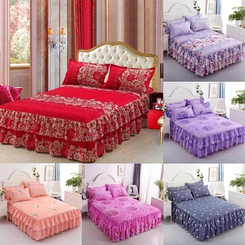 

Flower Pattern Printed Ruffled Elastic Bed Skirt & 2 Pieces Pillowcase