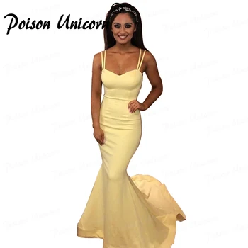 

Elegant Mermaid Prom Dresses Spaghetti Straps Yellow Long Satin Formal Evening Gown Sweep Train Cheap Party Dress Custom Made