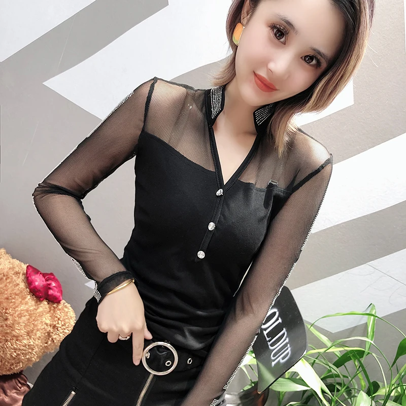 Kopen Mode Patchwork Mesh Sexy Diamanten Knop Tshirt Europese 2019 Nieuwe Herfst Winter Vrouwen Lange Mouw Top Camiseta Mujer T98507