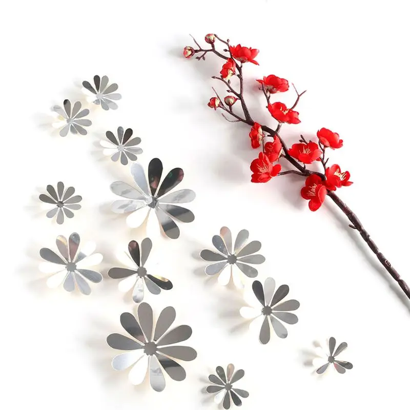 12 Pcs PVC 3D Removable Mirror Flowers Wall Stickers Room Art Decals