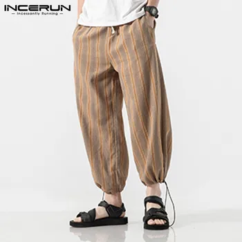 

INCERUN Vintage Men Harem Pants Cotton Linen Joggers StripedLoose Drawstring Trousers Hip-hop Streetwear Casual Pants Men S-5XL