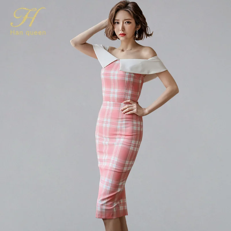 H Han Queen Office Lady Summer Dress Slash neck Plaid Occupation High Waist Sheath Vestidos Elegant Slim Pencil Women New | Женская