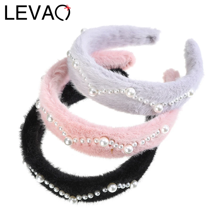 

LEVAO New Pearl Beading Headband Soft Plush Tiara For Women Girls Cute Hair Bands Winter Headwear Hair Accessories