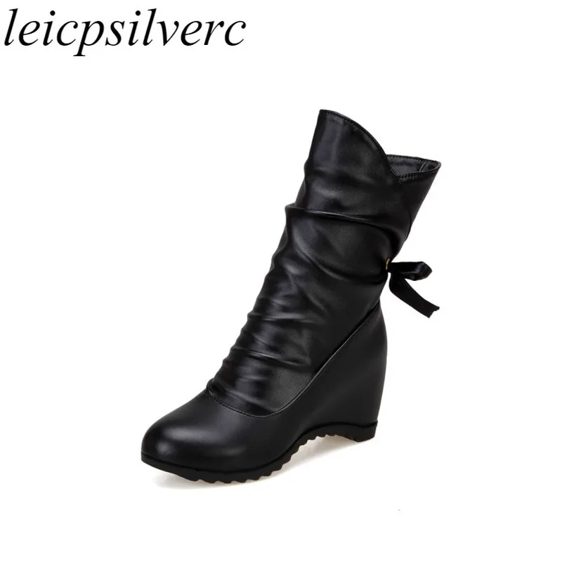 

Women Boots Autumn Winter High Heel Height Increasing Warm Pu Round Toe Ankle Butterfly-knot 2019 Sexy New Fashion Black White