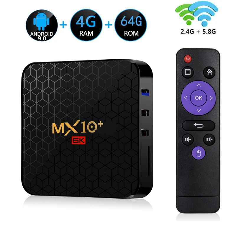 Billige MX10 Plus Smart TV Box Android 9.0 4GB 64GB Allwinner H6 Quad Core 2,4G   5,8 GHz Wifi USB3.0 6K Google Player Youtube Set Top Box