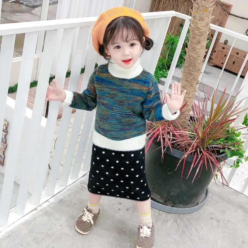 

Girls High Collar Mink Cashmere Sweater Autumn And Winter New Style Children Warm Pullover Knitting Shirt Small CHILDREN'S Cloth