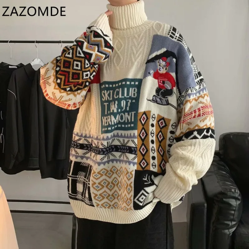 ZAZOMDE 2023 Winter Men Turtleneck Sweaters Christmas Ski Bear Knitted Pullovers Casual Sweaters Male Knitwear Hip Hop Pullovers