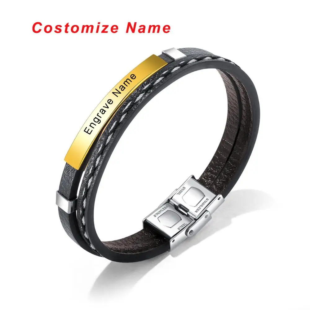 Trendy Custom Logo Engrave Name Bracelet Men Women Glossy Woven Friendship Id Bracelet Leather Stainless Steel Bracelet - Окраска металла: gold engrave name