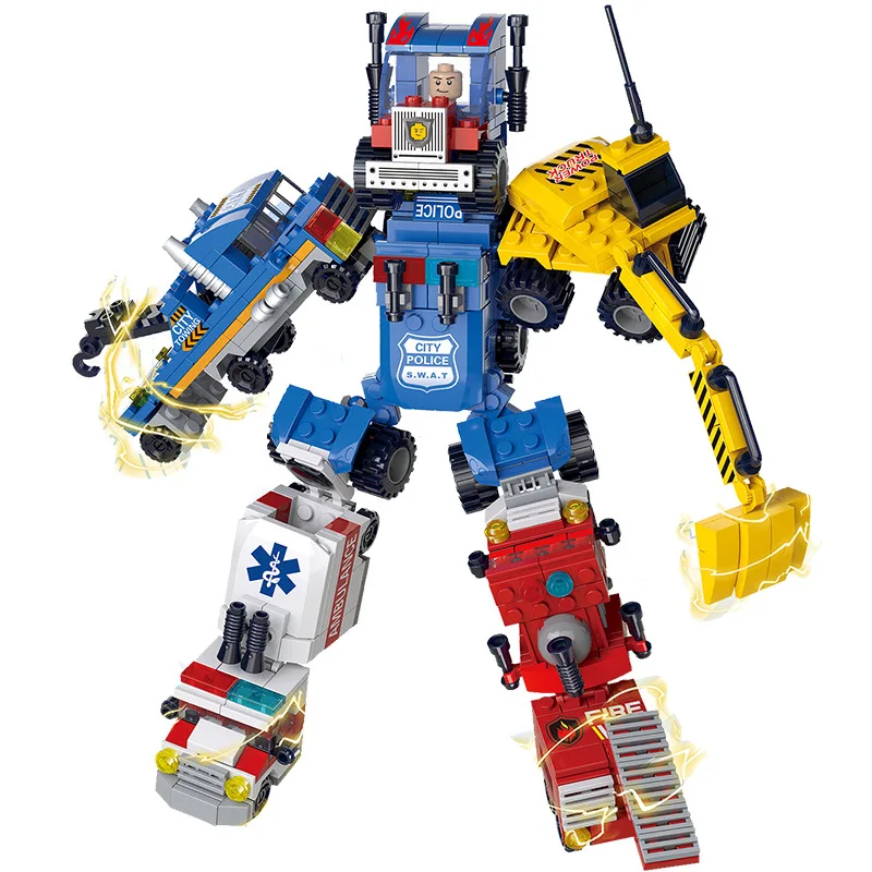 

Children'S Educational Plastic Inserted Building Blocks Toy Six-in-One Car Assembled Fit Deformation Robot Engineering Vehicle