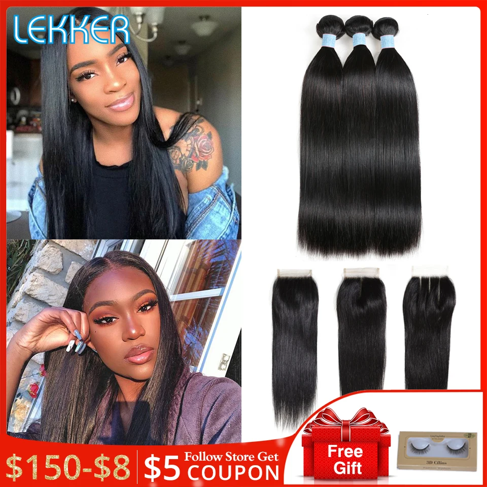 Ceny Lekker proste wiązki z zamknięciem wiązki ludzkich włosów z zamknięciem brazylijskie włosy wyplata wiązki z zamknięciem do przedłużania włosów