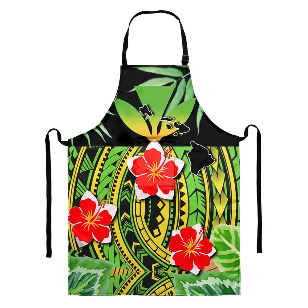 

Polyester Kitchen Aprons Baking Adjustable Household Cooking Cleaning Aprons Polynesian Tribal Hibiscus Waterproof Women Aprons