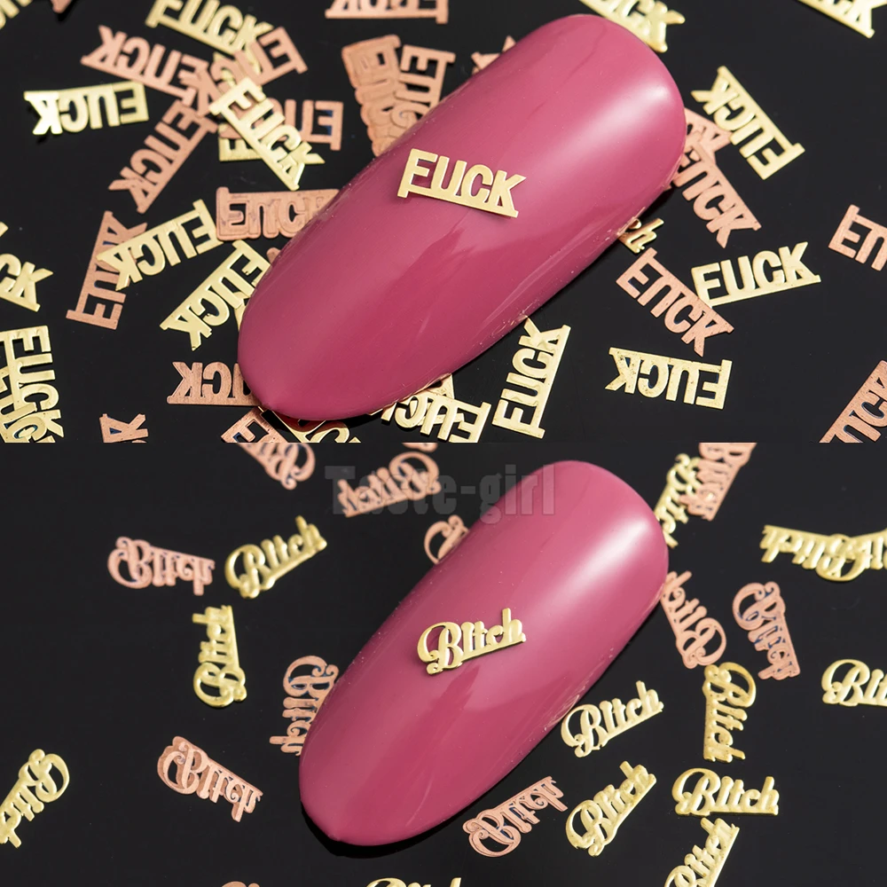 800pcs/pack Metallic Bitch Fcuk Letter Nail Art Decoration Gold Brone Back Slice Decals Sticker Nails Accessories DIY