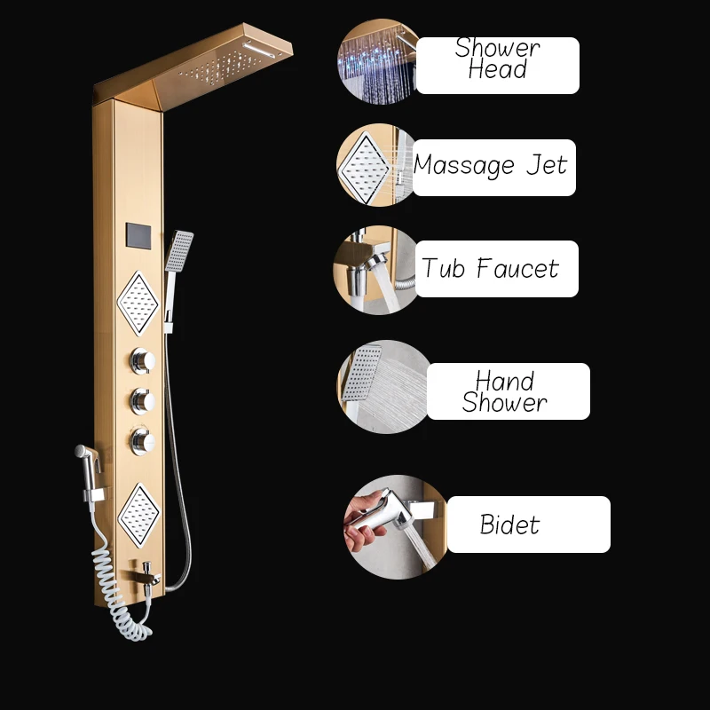 Onyzpily душевая панель Золотой светодиодный дождь водопад душевой Набор кран башня система массаж тела струи Fenty душевая п