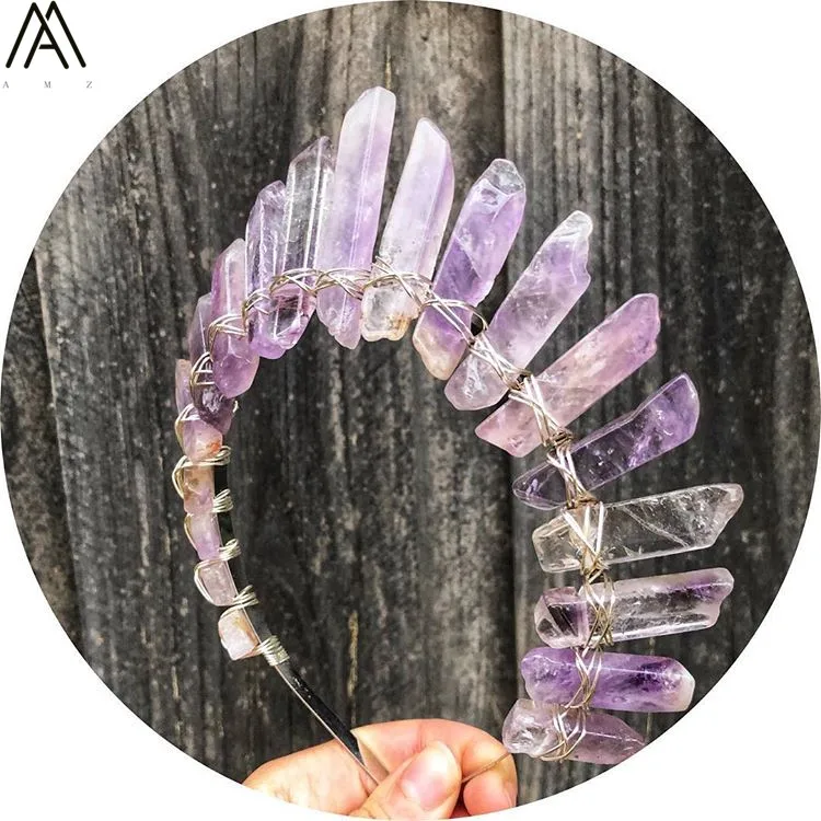 Gold Wire Wrapped Natural Light Amethysts Quartz Point Crown Tiara Women Bridal Crystal Metal Headband Hair Jewelry HG036AMCD | Украшения и