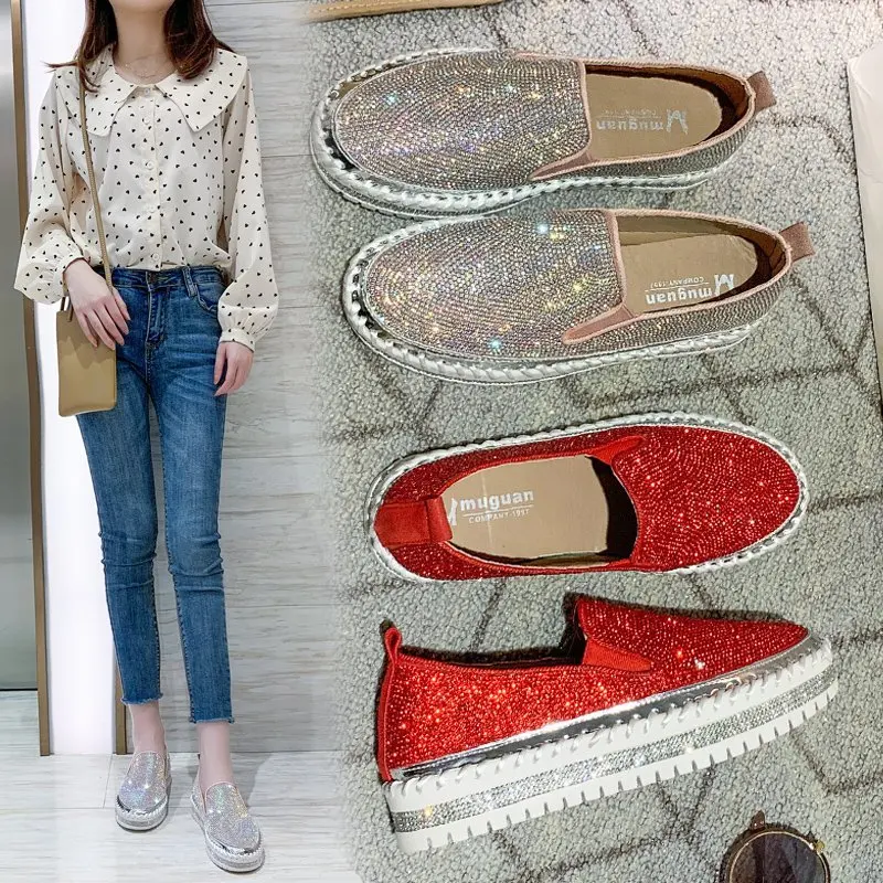 

Sequins Loafers Women Flat Shoes Pointed Toe Rhinestone Moccasins Concise Style Ladies Fashion Dress Slip On Ballerinas Female