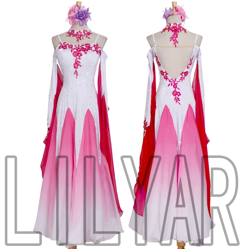 

Ballroom Dance Costume Standard Costume Competition Performance Custom Adult Rose Red Gradual Color Dance