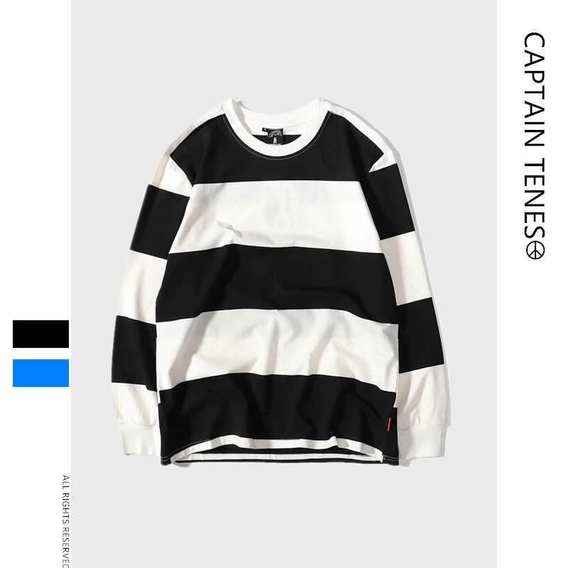 Captain TeNes Autumn New Men's Fashion Round Neck Stripe and Long Sleeve T-shirt Casual Pure Cotton Bottom Shirt TEE Captain TeNes Autumn New Men's Fashion Round Neck Stripe and Long Sleeve T-shirt Casual Pure Cotton Bottom Shirt TEE
