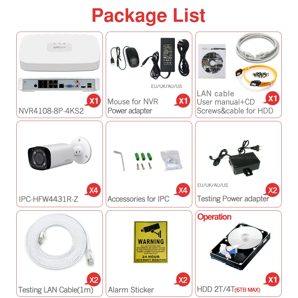 Dahua, 4 МП, 8+ 4 камеры видеонаблюдения, комплекты, NVR, NVR4108-8P-4KS2, ip-камера, IPC-HFW4431R-Z, мотор, зум, система наблюдения
