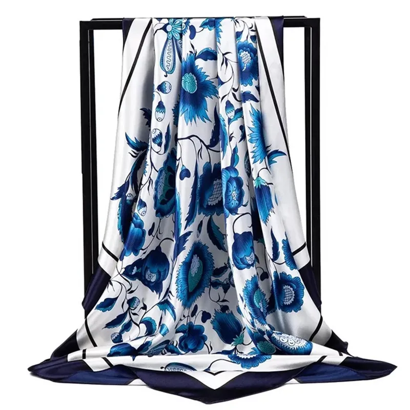 Шелковые шарфы Foulard 90*90 см квадратная голова хиджаб шарф Женский шифон шаль Бандана обертывание глушитель парео - Цвет: 55