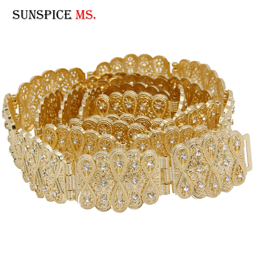 SUNSPICE-MS тонкий металлический пояс со стразами для женщин, morocco caftan, ювелирные изделия для тела, этнический свадебный пояс-цепочка, регулируемая длина - Окраска металла: beltA010gold