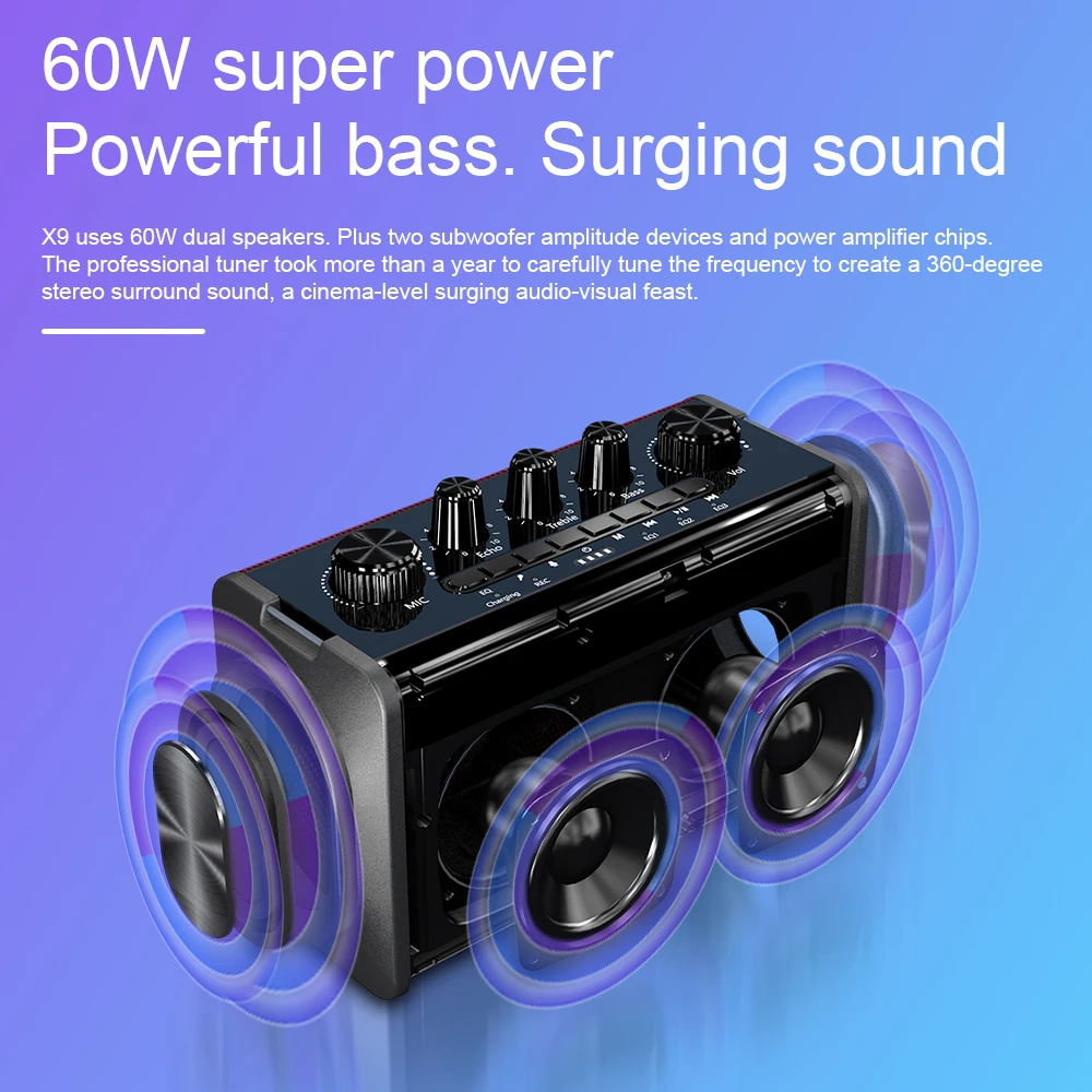 X9 60W Altoparlante portatile per karaoke all'aperto Bluetooth IPX5 Subwoofer impermeabile Sistema audio Colonna bassi TF/USB_voghion.com