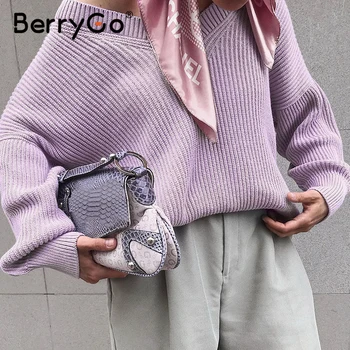 

BerryGo Beige V-neck women's pullover Drop shoulder sleeve loose size sweater Casual fashion knitted sweater autumn winter 2020
