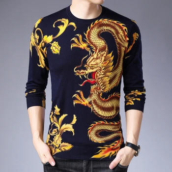 

M-3XL Autumn Sweater Men Jersey Clothing Black Gold Dragon Print Sweater Pullover For Men Casual Club Party Dj Clothing