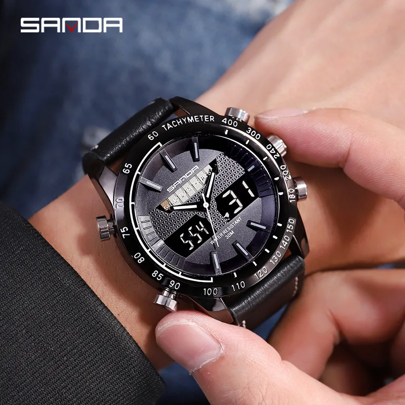 

SANDA Men Large Dial Army Style Watch Special Multi-functional MEN'S Watch Leather Watch Waterproof Watch
