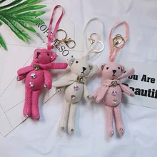 Креативный брелок для ключей в форме медведя Лен с инкрустацией стразами кукольный Пакет кулон японские корейские женские аксессуары для автомобильных ключей