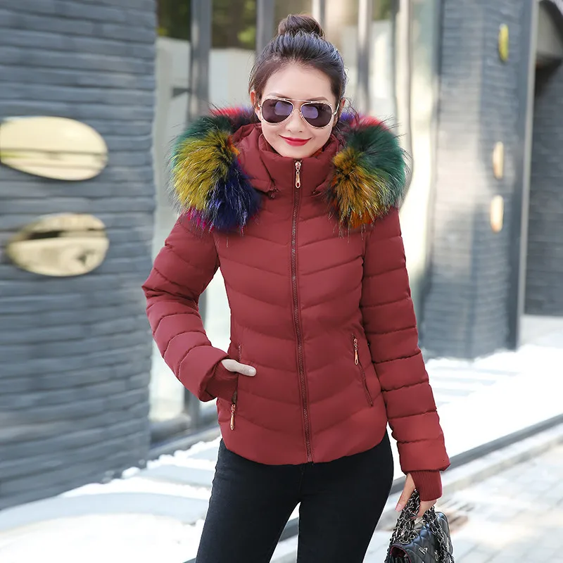 Парка женская модная женская пуховая куртка пальто женская зимняя куртка верхняя одежда женская куртка разноцветный искусственный мех воротник - Цвет: Burgundy