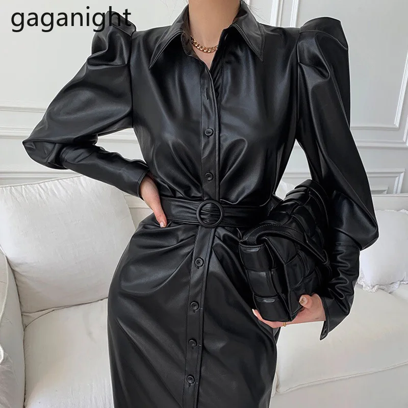 Платье женское длинное из искусственной кожи Gaganight винтажное однобортное