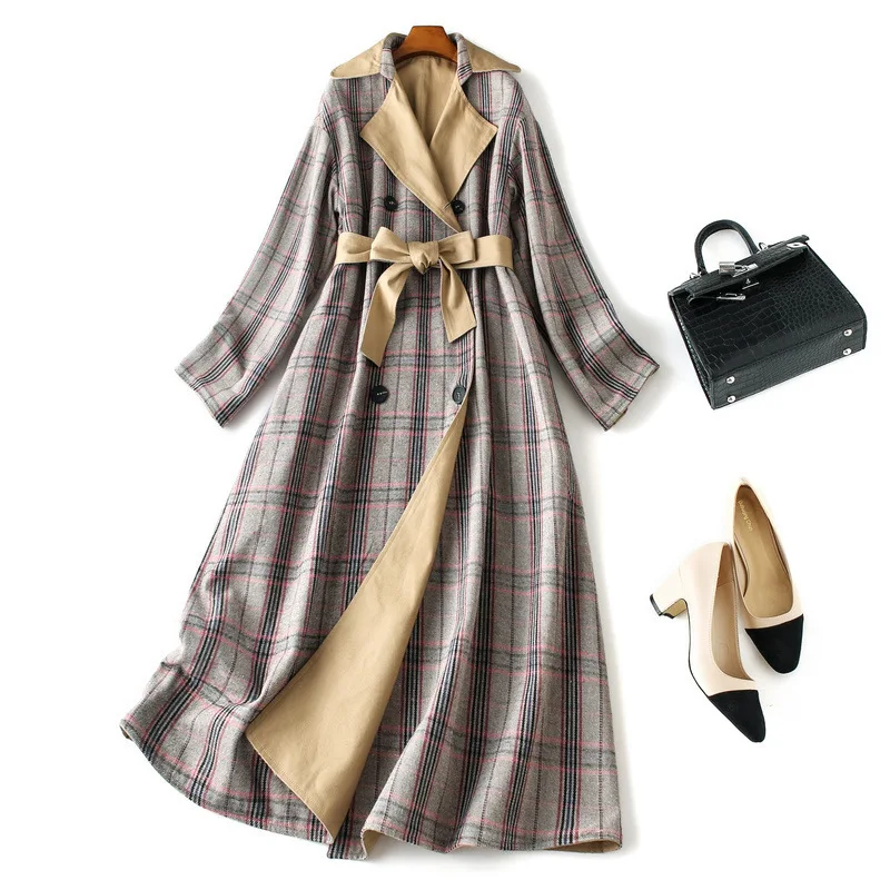 

Fashion women's double-breasted plaid Trench coat 2019 autumn england style belt windbreaker women overcoat A902