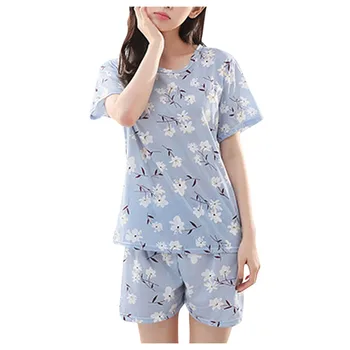 

Blue Flower Print O-neck Sleepwear Sets Lovely Cute Pattern Pajamas Set Soft Breathable Skin-friendly Short Sleeve Short Set z2