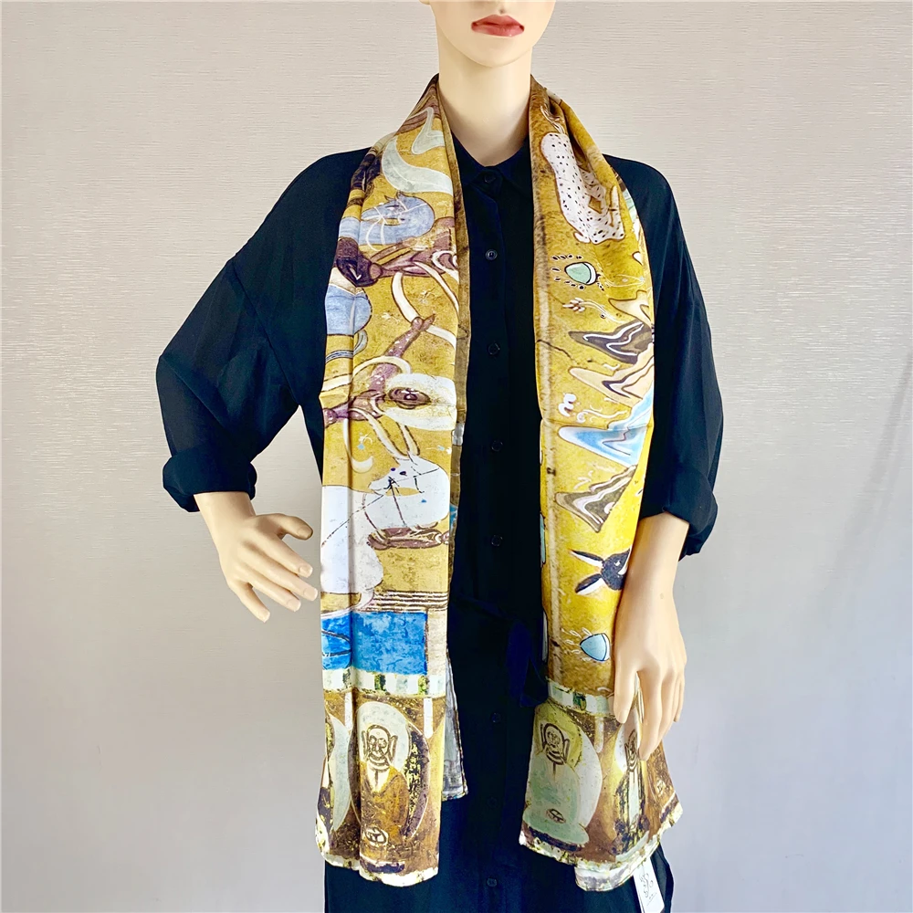 

DUNZHIYUN Dunhuang Culture Series Women's Scarf Yellow Plaid Character Print Silk Road Luxury Female Shawl Costume Accessories