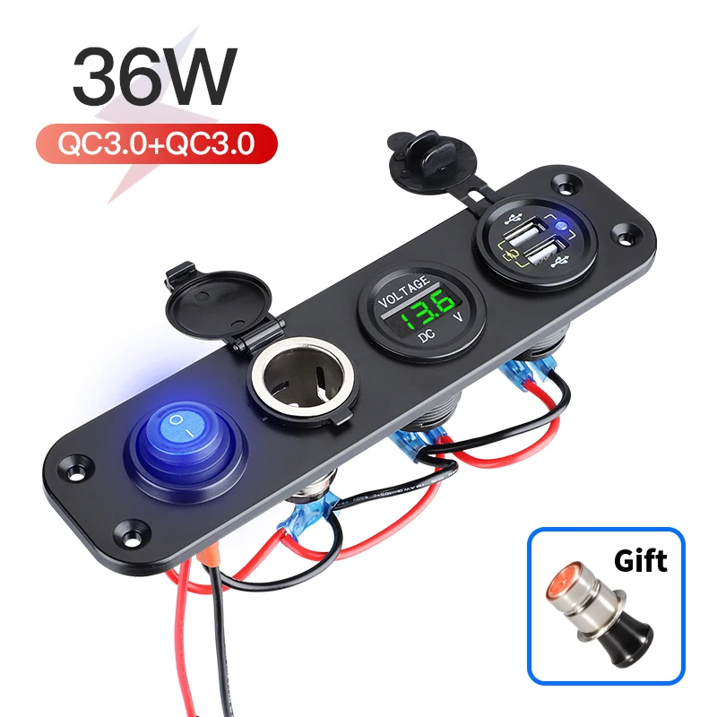 مقبس ولاعة سجائر QC3.0 مزدوج ، مقاوم للماء ، 12 فولت ، شاحن USB مزدوج ، محول طاقة ، منفذ USB مزدوج ، فولتميتر