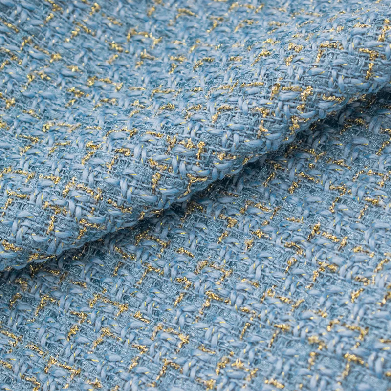 Blue Gold Wire Plaid Weave Tweed Fabric For Coat Skirt Tissus Au Mètre Telas Por Metro Tкань для шитья Tissu Sewing Tela Tecido