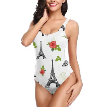 

Women BikiniBlack Eifel Tower Paris And Red Roses Flowers Sexy Bandage One Backless Swimsuit Bodysuit Beach Wear New Monokini
