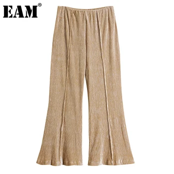 

[EAM] High Elastic Waist Khaki Pleated Long Wide Leg Trousers New Loose Fit Pants Women Fashion Tide Spring Autumn 2020 1DB686