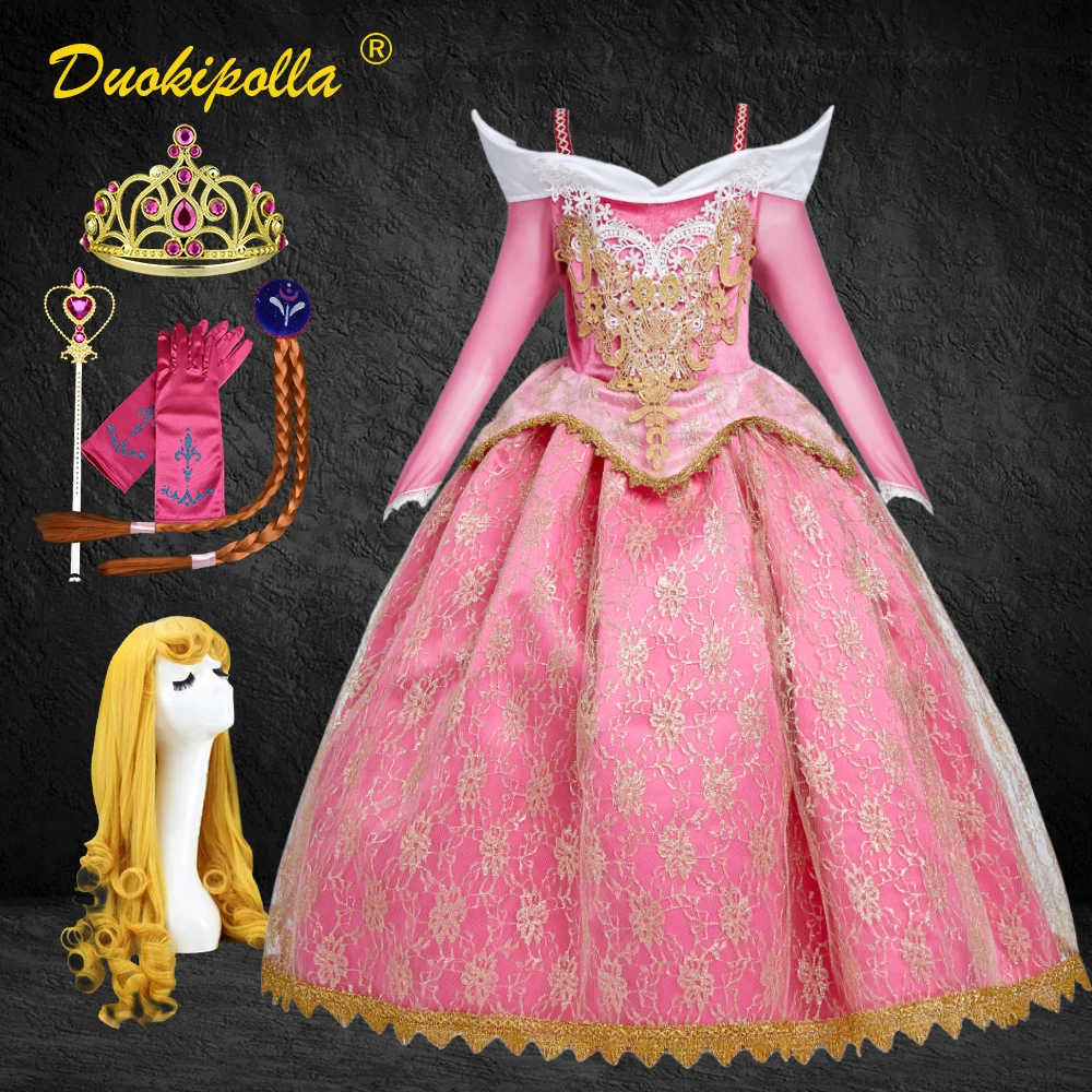 Disfraz de la Bella Durmiente para niños, vestido de encaje para niñas,  princesa Aurora, bordado rosa, vestido de fiesta infantil, peluca de pelo -  AliExpress