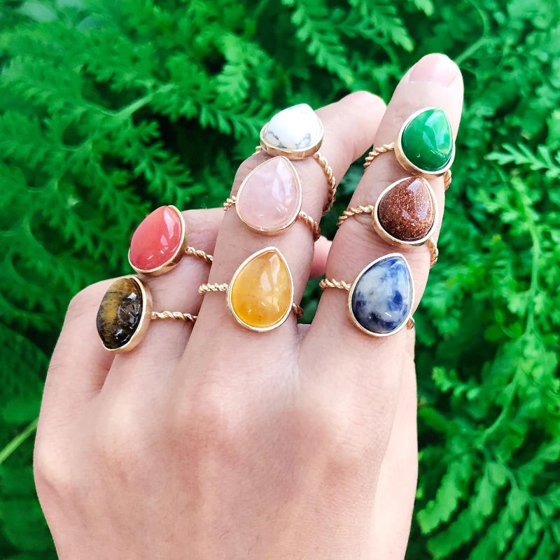 SAY HELLO Boho Natural Stones Inlaid Rings for Women Geometric Water-drop Wedding Finger Jewelry One Size US 7 Ringe K6655 | Украшения и