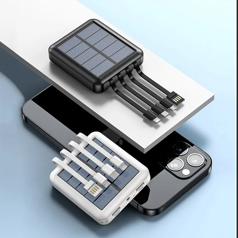 Solar Power Bank 100000mah Portable Built in 4 Cable Phone Charging Outdoor External Battery Powerbank for Xiaomi Samsung iPhone | Мобильные