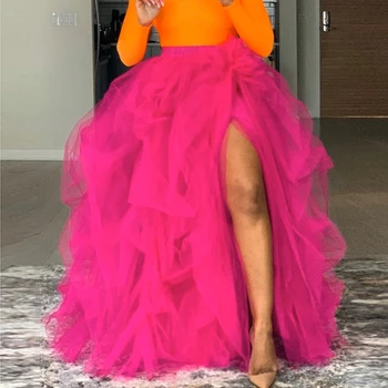 

High Split Hot Pink Tulle Tutu Long Skirt Lush Puffy Maxi Prom Skirts Ball Gown Floor Length Ruffled Skirt Plus Size