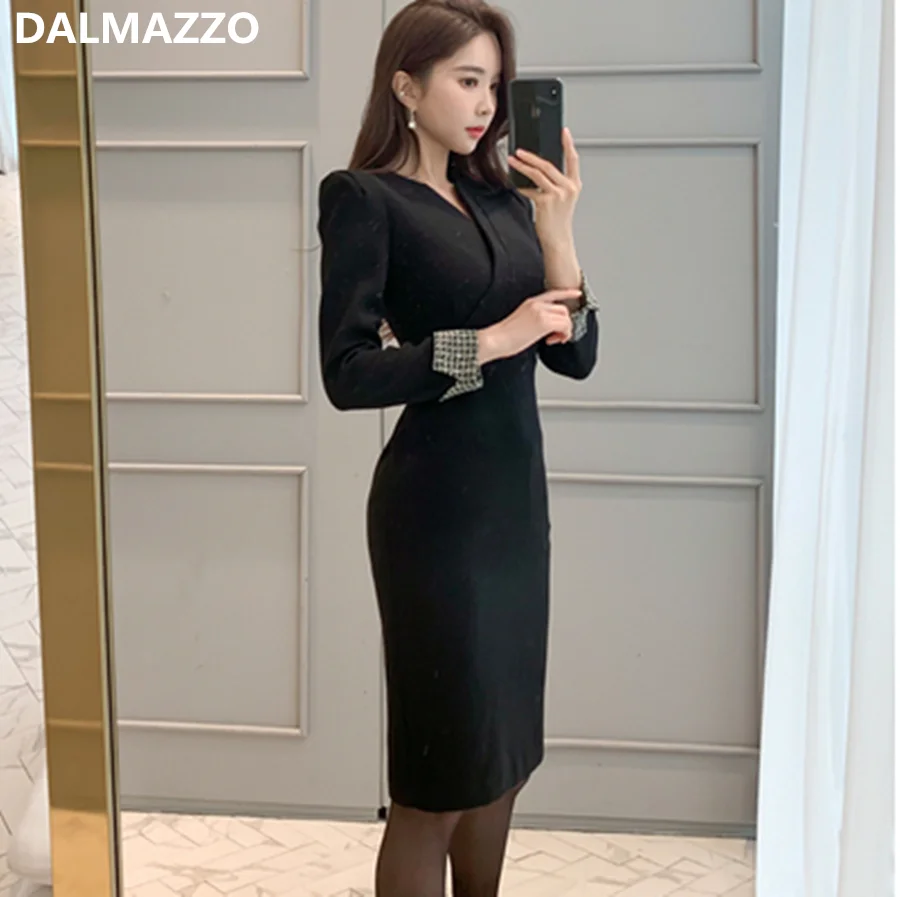 Модное женское Платье До Колена С V образным вырезом и длинным рукавом для работы