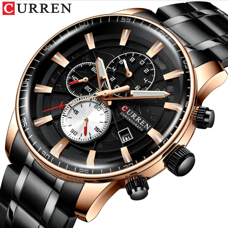 Men's Waterproof Calendar Watch Three Eyes Six Pin Large Dial Steel Belt Quartz Watch Multi-Function Sports Luminous Watch