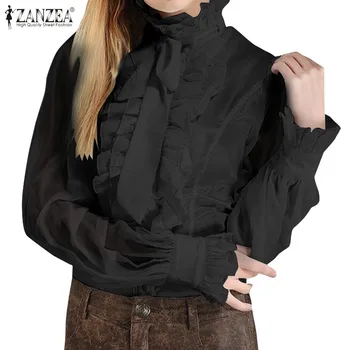 

Spring Long Lantern Sleeve Blouse ZANZEA Women Flounce Tunic Tops Elegant Vintage Work OL Ruffles Shirt Femme Robe Blusa Mujer