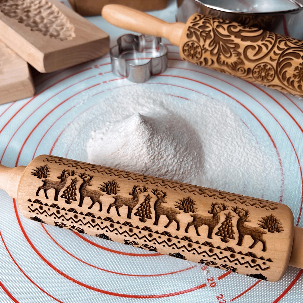 Wood Embossing Rolling Pin Fondant Dough Vintage Christmas Pattern Engraved Roller Stick DIY Pastry Tool Baking Accessories 2021