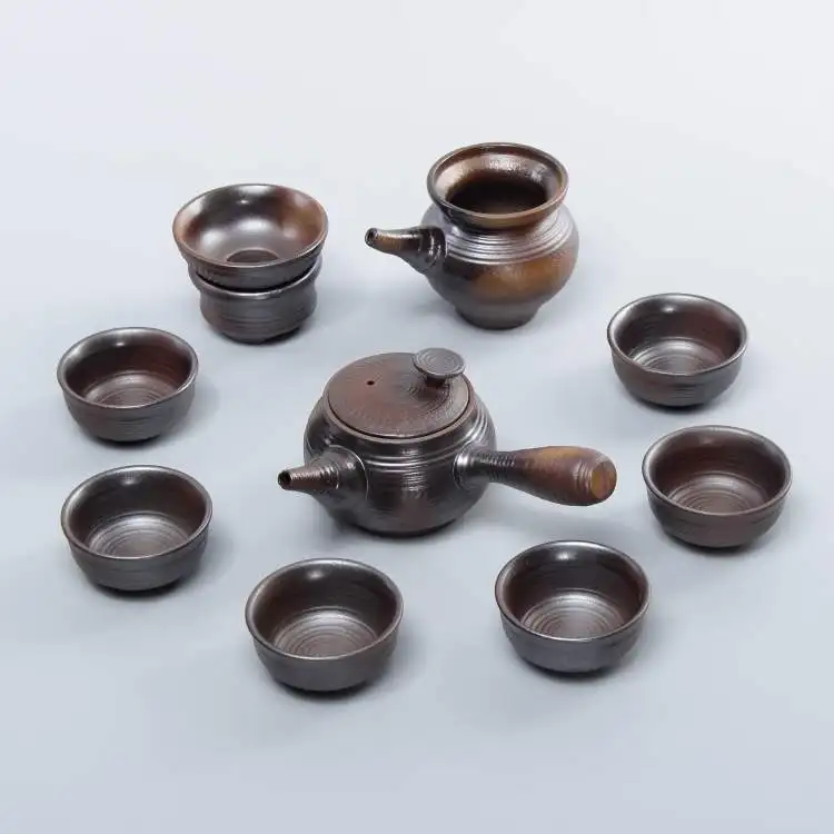 

New Style Vintage 10 Head Firewood Tea Set Whole Set Retro Loop-handled Teapot Ceramic Tea Utensil Gift Japanese Style Zen